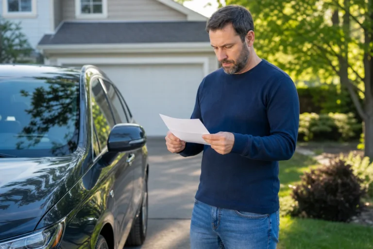 Illinois driver checking a notice after a vehicle registration suspension.