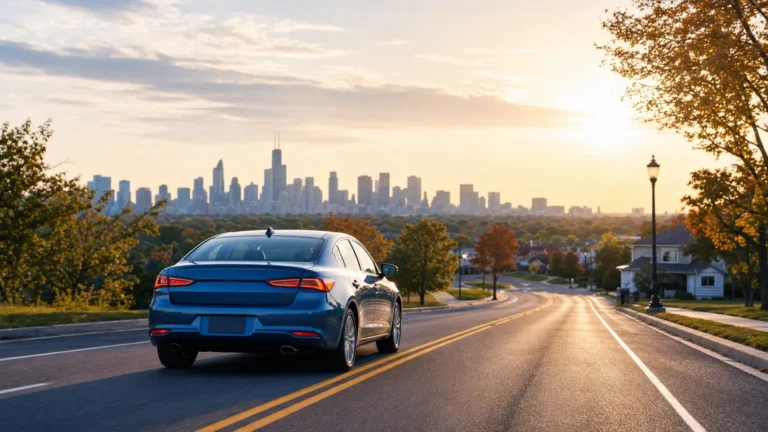 Car on a road overlooking the Chicago skyline at sunset.