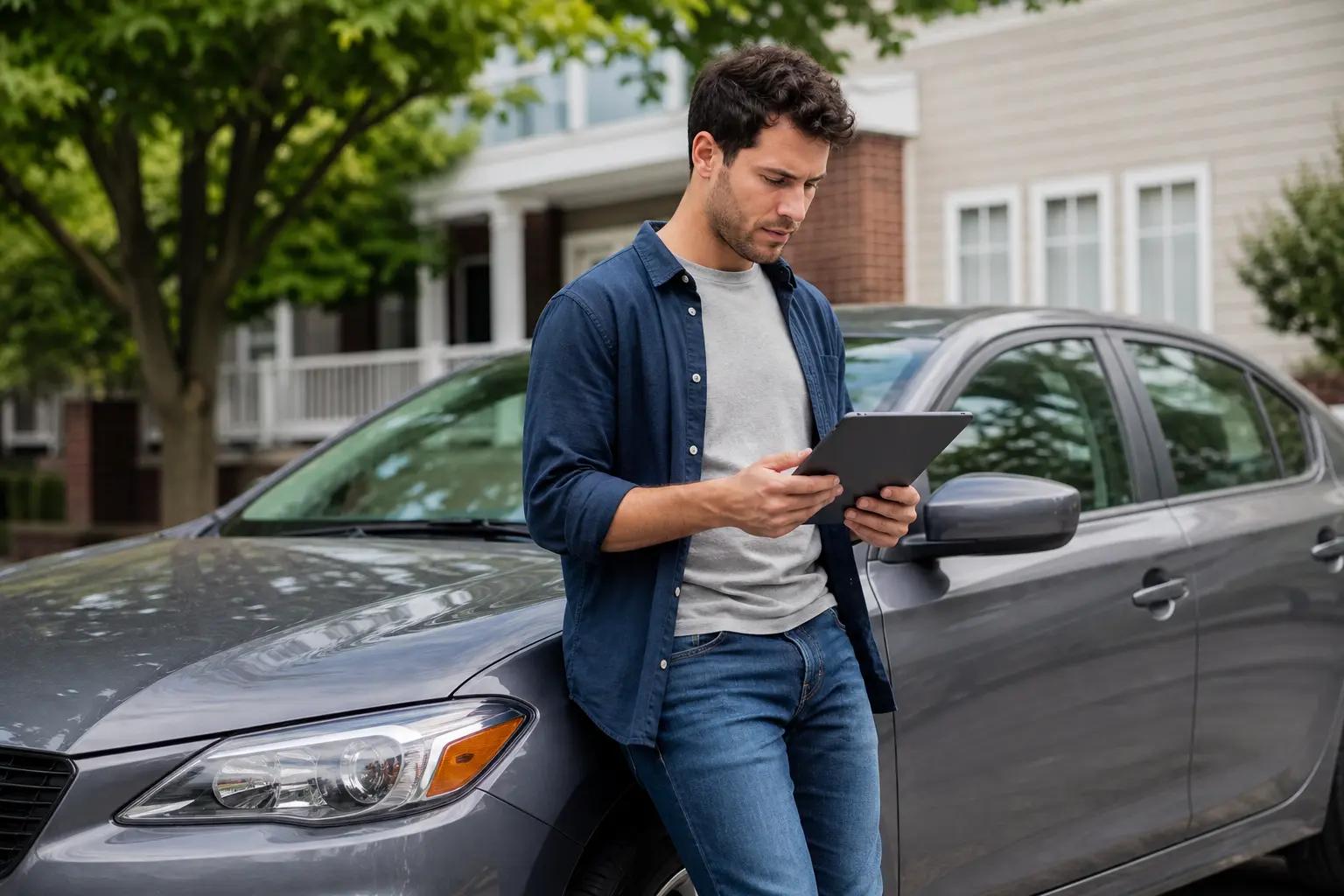 Driver reviewing a tablet beside a parked car.